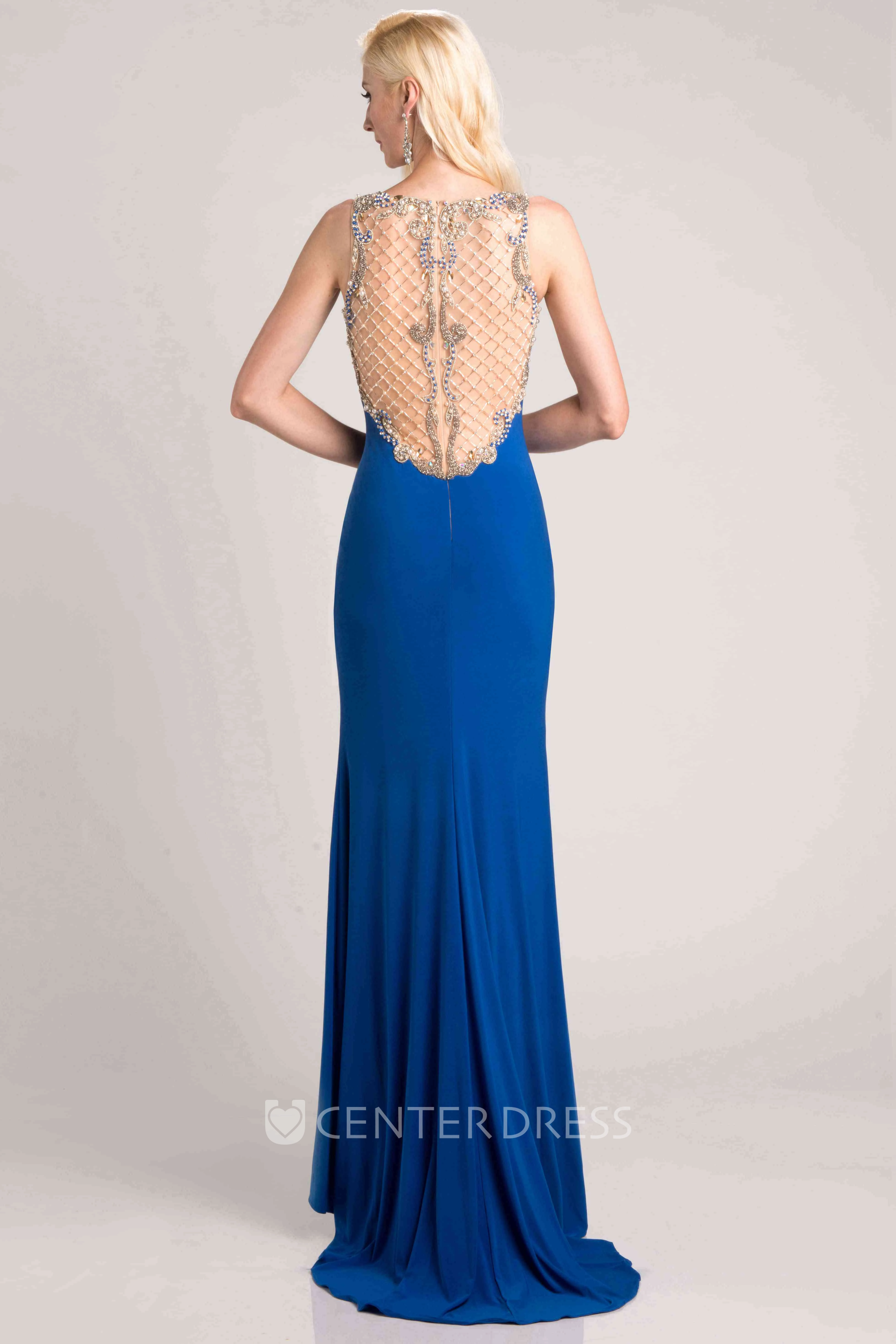 Sheath Sleeveless Jersey Prom Dress With Beaded Top And Bateau Neck