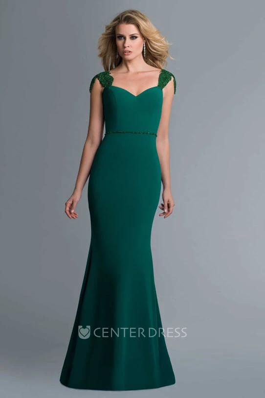 Sheath Floor-Length Cap-Sleeve Jersey Deep-V Back Dress