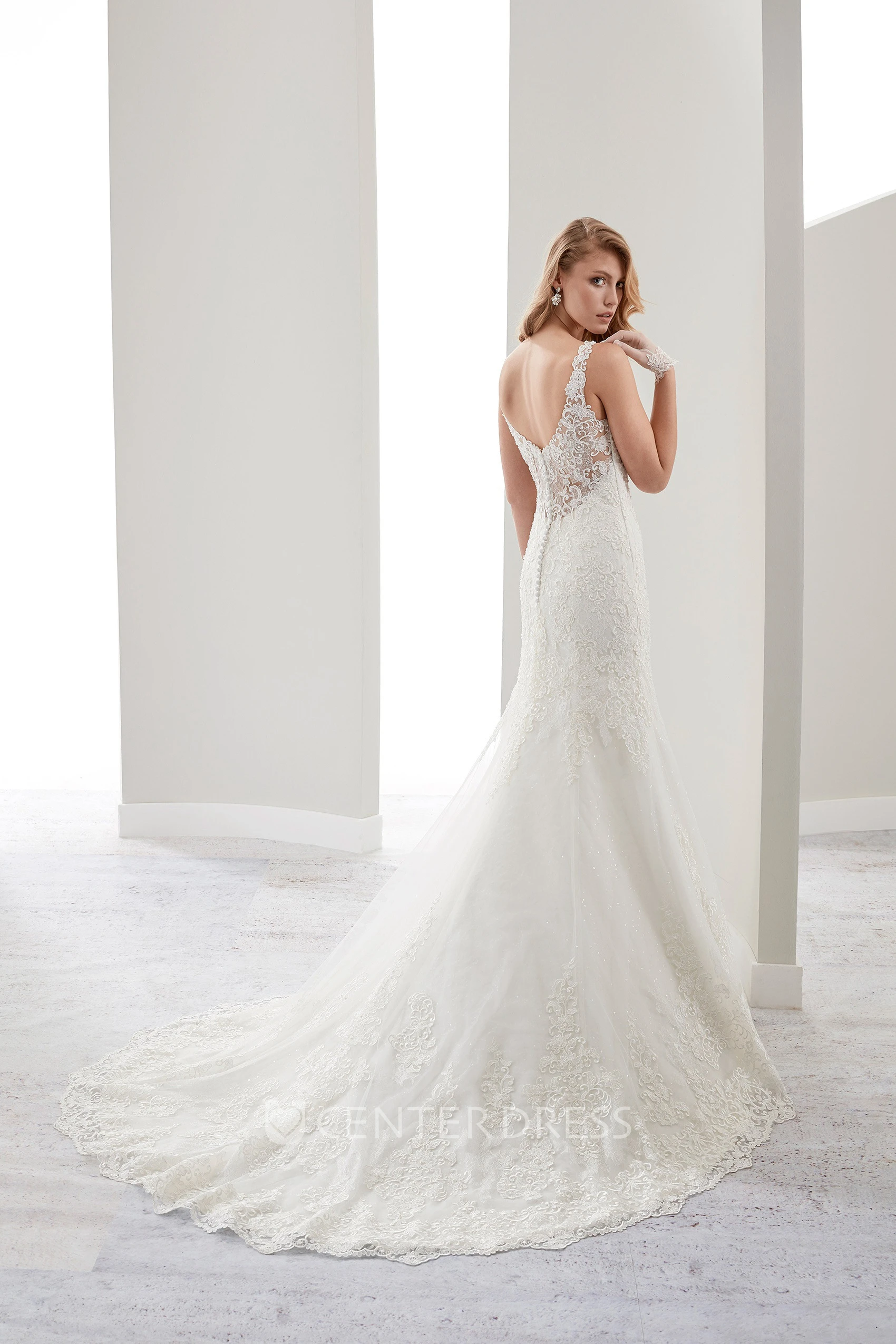 V-Neck Mermaid Sheath Lace Bridal Gown With Illusive Appliques Straps And Open Back