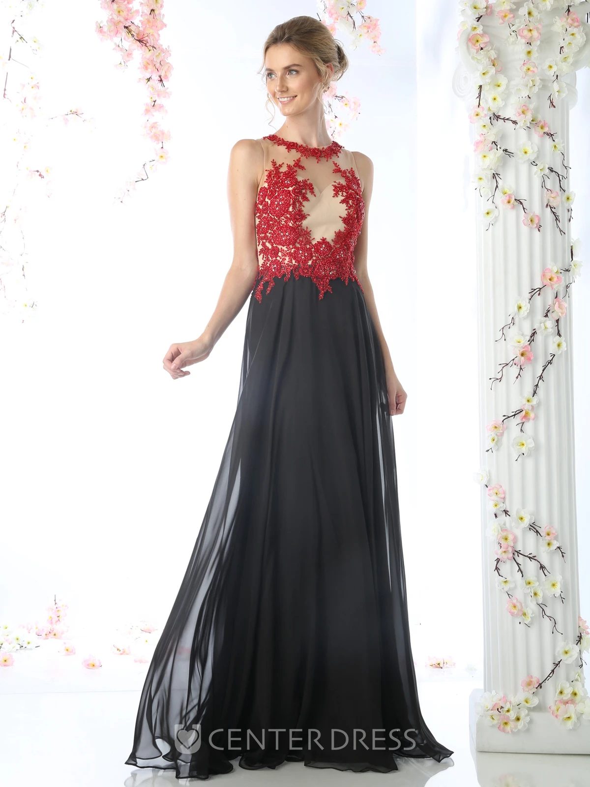 Muti-Color A-Line Maxi Jewel-Neck Sleeveless Chiffon Keyhole Dress With Appliques