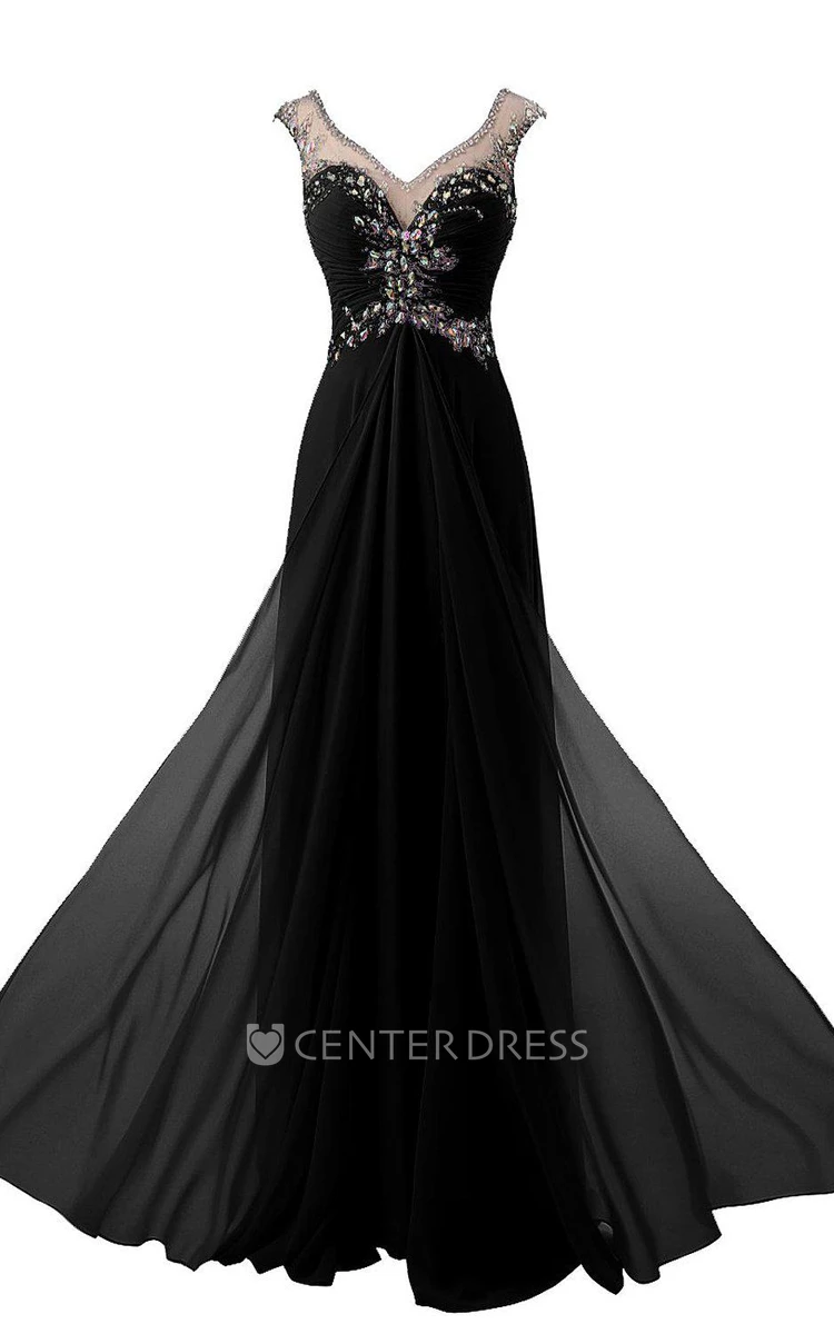Cap-sleeved Long Gown With Beaded Illusion Style