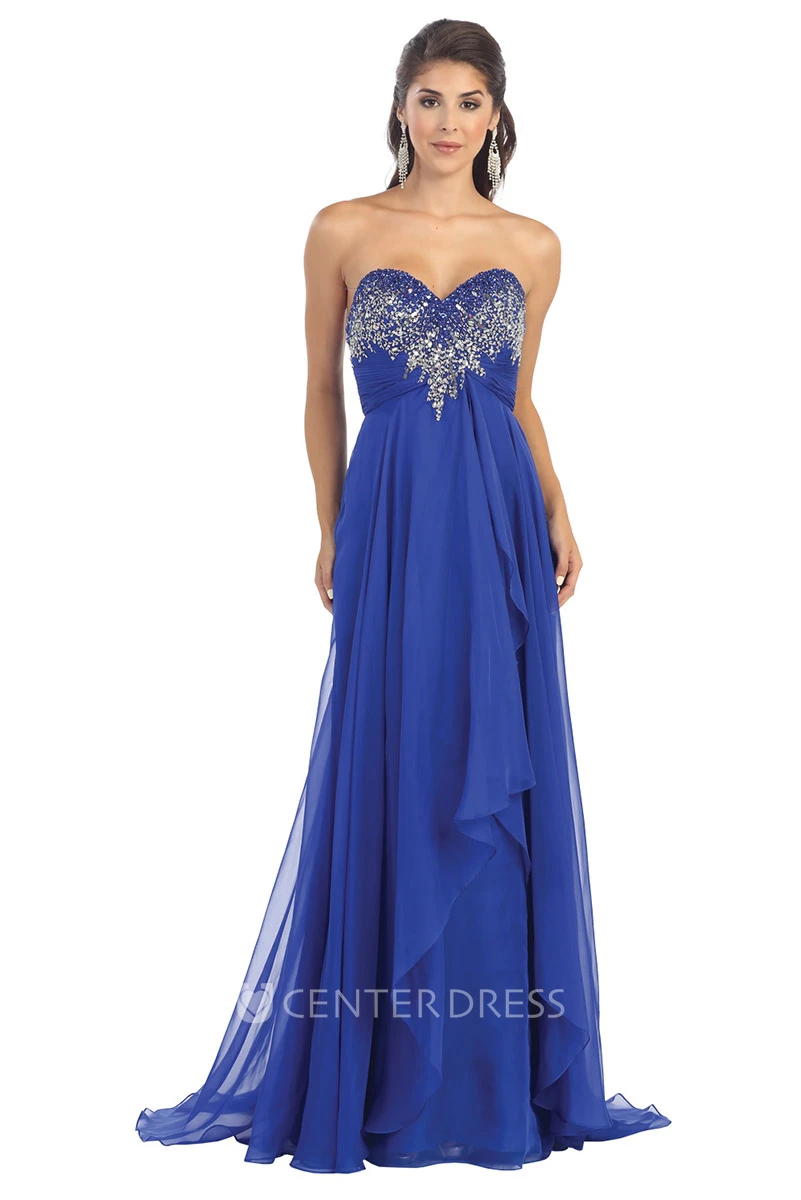 A-Line Sweetheart Sleeveless Empire Chiffon Backless Dress With Beading And Draping