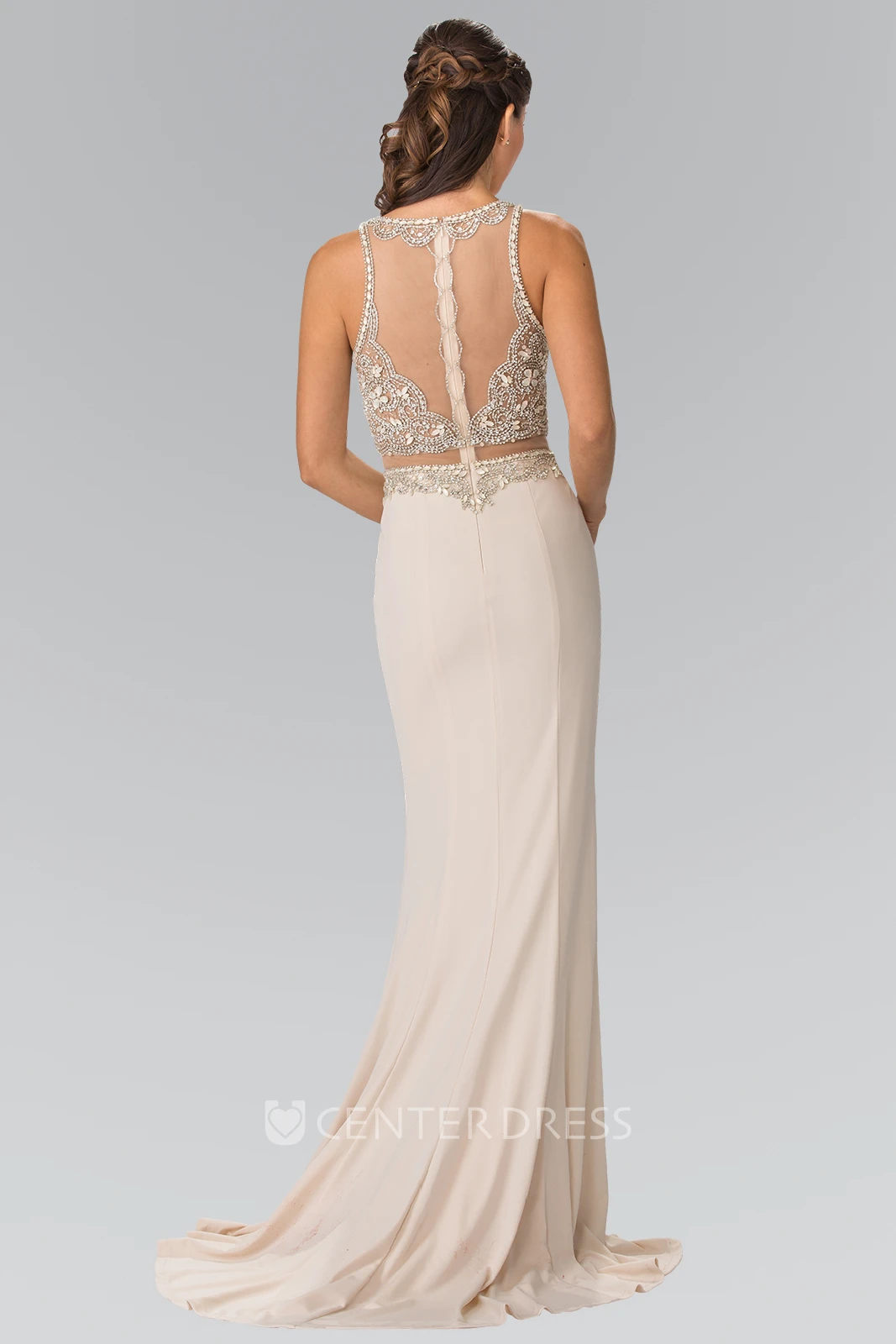 Sheath Scoop-Neck Sleeveless Jersey Illusion Dress With Crystal Detailing