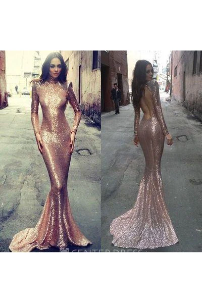 T-shirt Long Sleeve Sweep Brush Train Mermaid Trumpet High Neck Sequins Dress