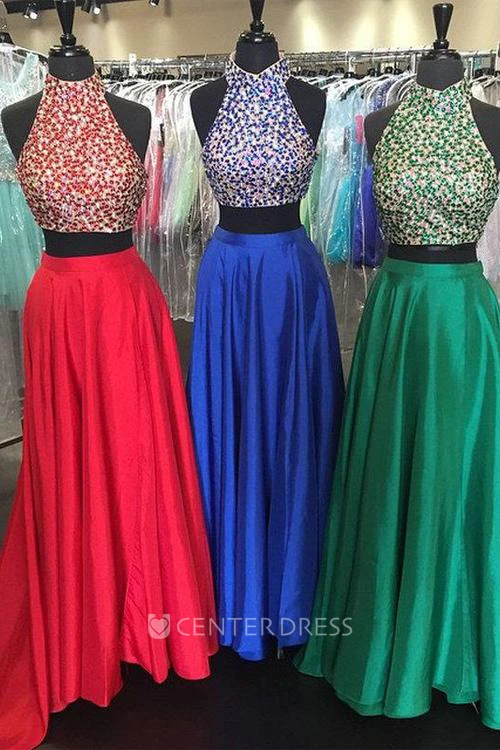 Two Pieces Gorgeous Beadings Prom Dresses High Neck Long