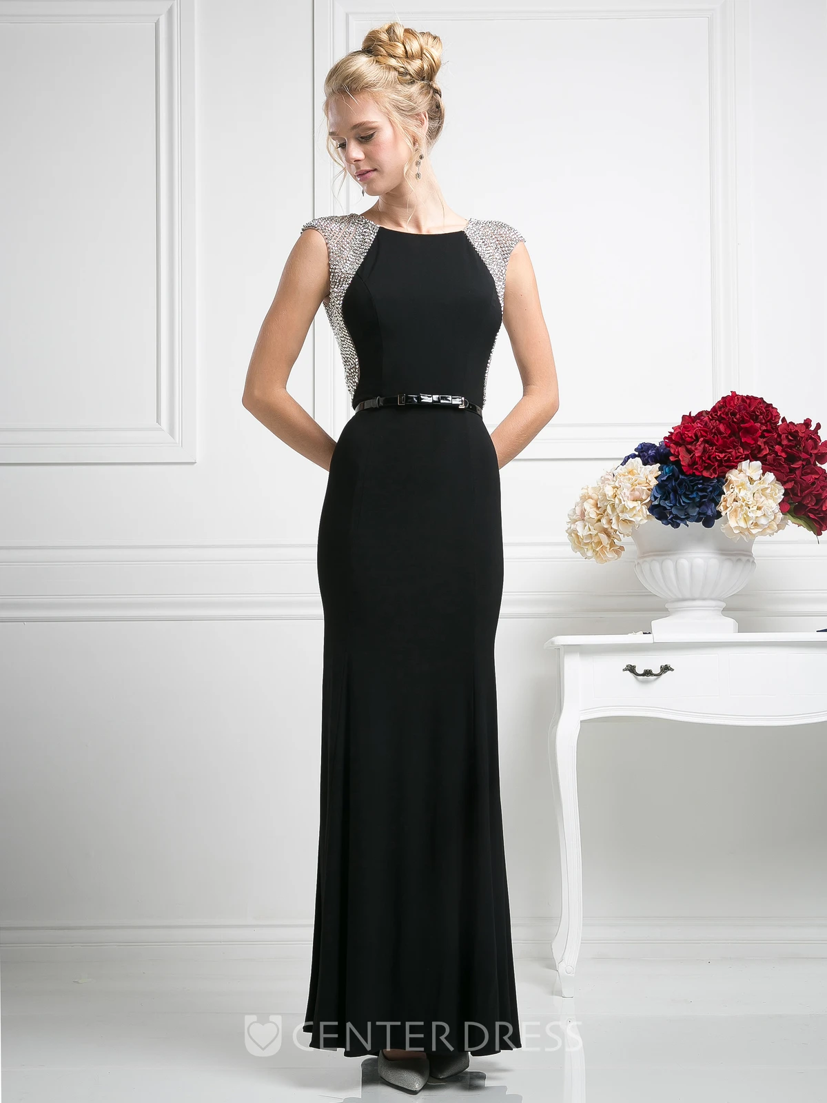 Sheath Floor-Length Scoop-Neck Cap-Sleeve Jersey Dress With Beading