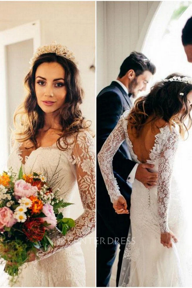 A Line V-neck Low-V Back Long Sleeve Lace Winter Wedding Dress