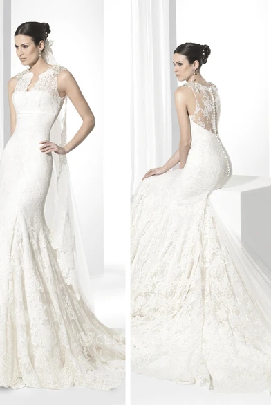 Trumpet Appliqued Sleeveless Jewel-Neck Floor-Length Lace Wedding Dress