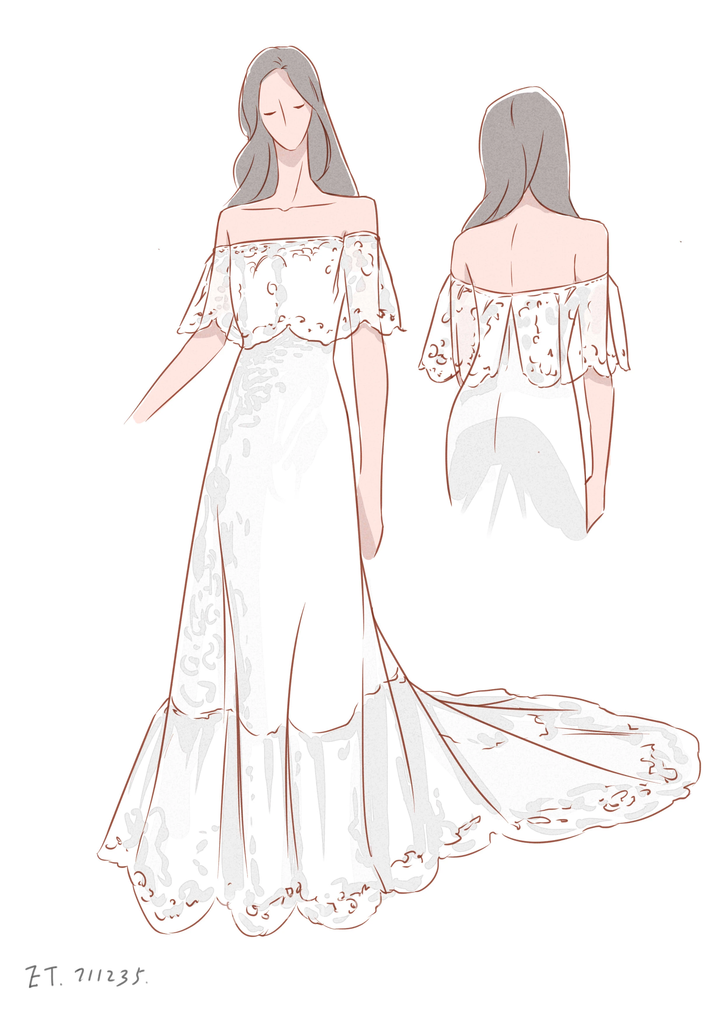 Boho Off-Shoulder Sheath Scalloped Lace Winter Wedding Dress With Long Train