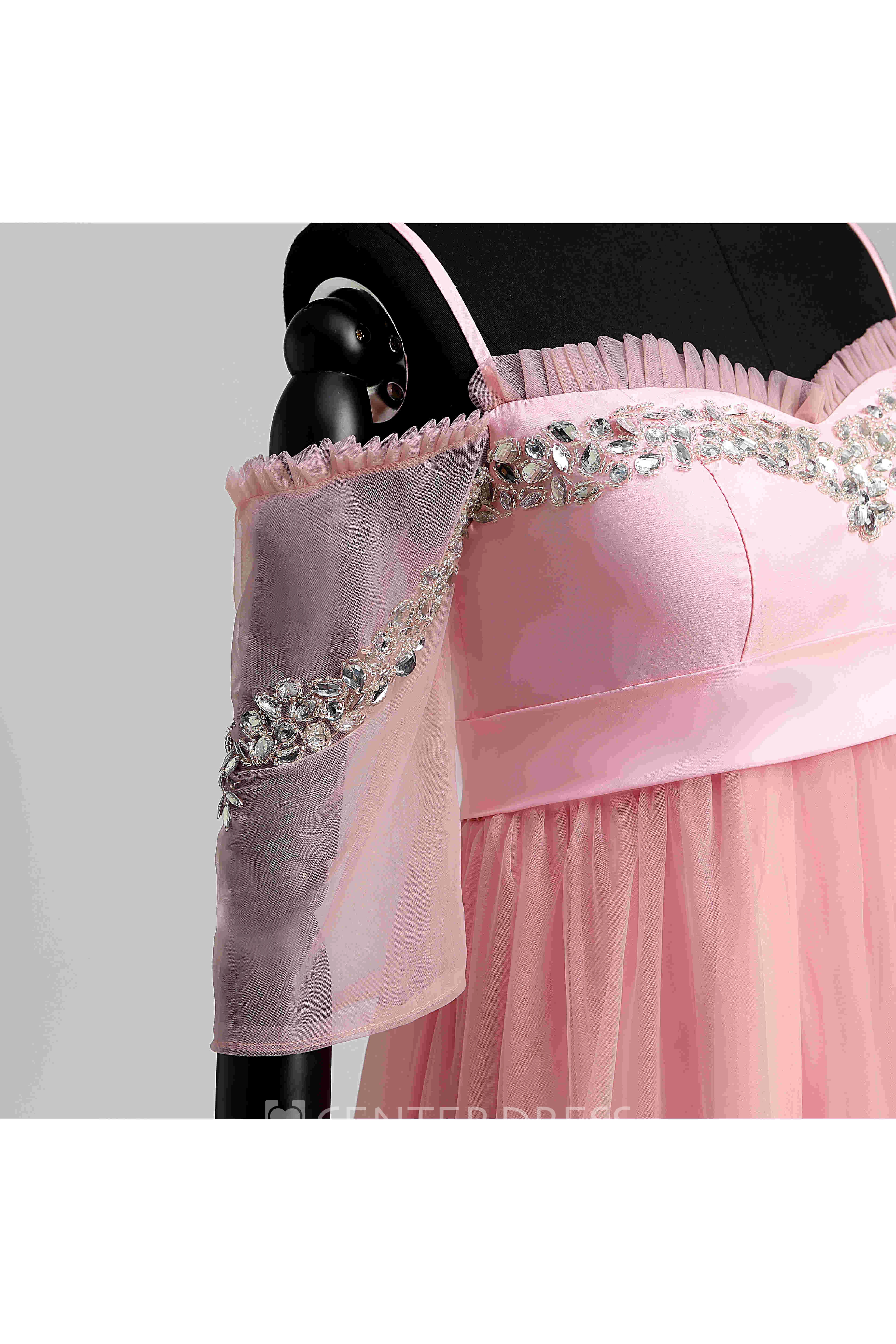 A-line Sweep Brush Train Beading Tulle Dress