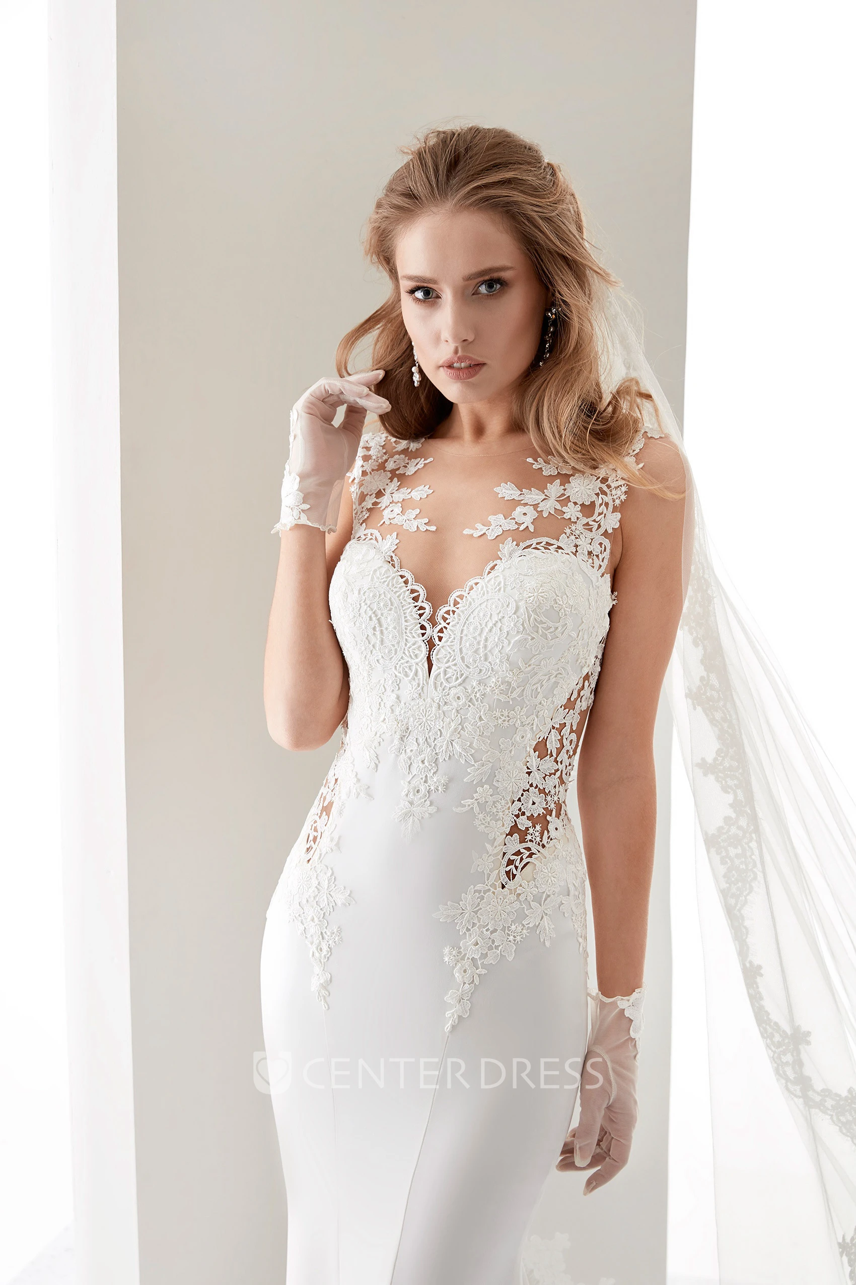 Sweetheart Brush-Train Sheath Gown With Appliques Straps And Illusion Details