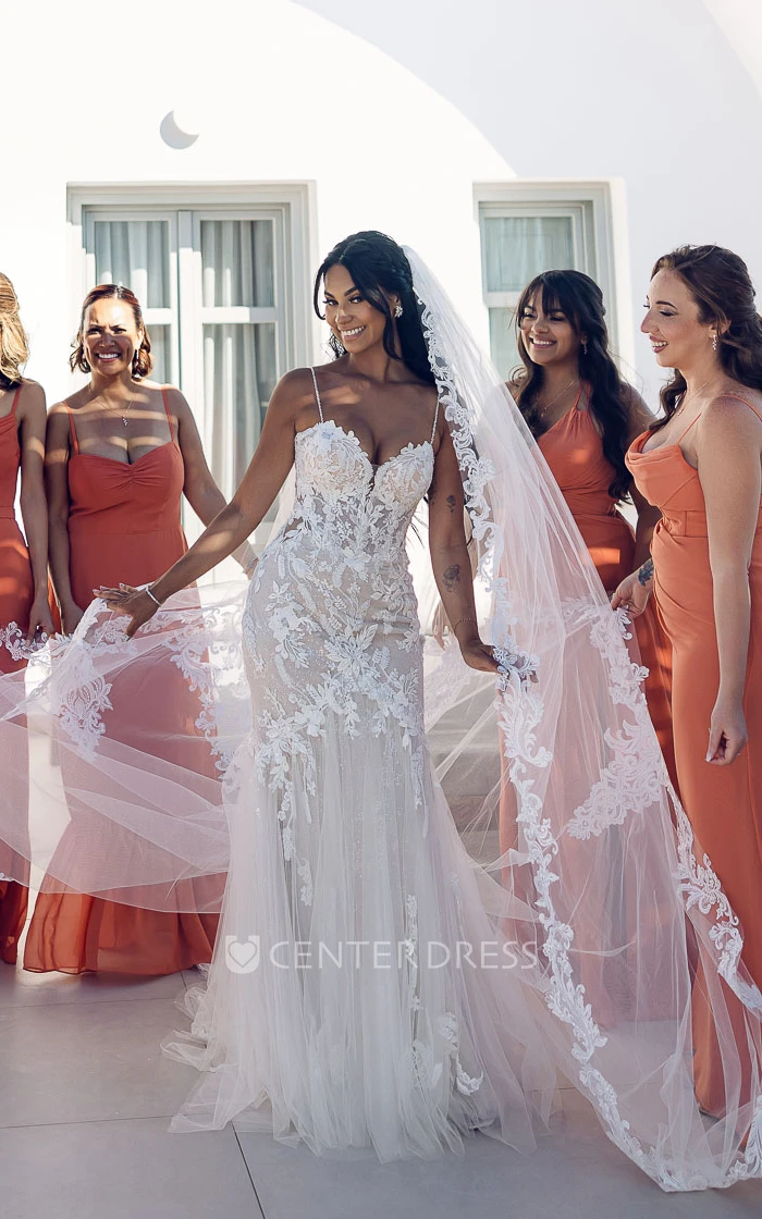 Elopement Beach Mermaid Boho Lace Spring Wedding Dress Floral Spaghetti Straps Floor Length Garden Bridal Gown