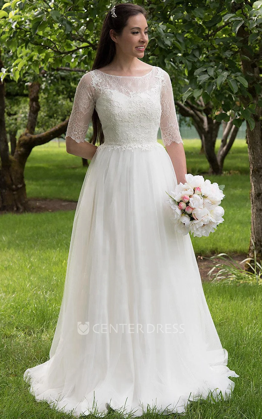 Long A-Line Tulle and Lace Wedding Dress With Elbow Sleeves