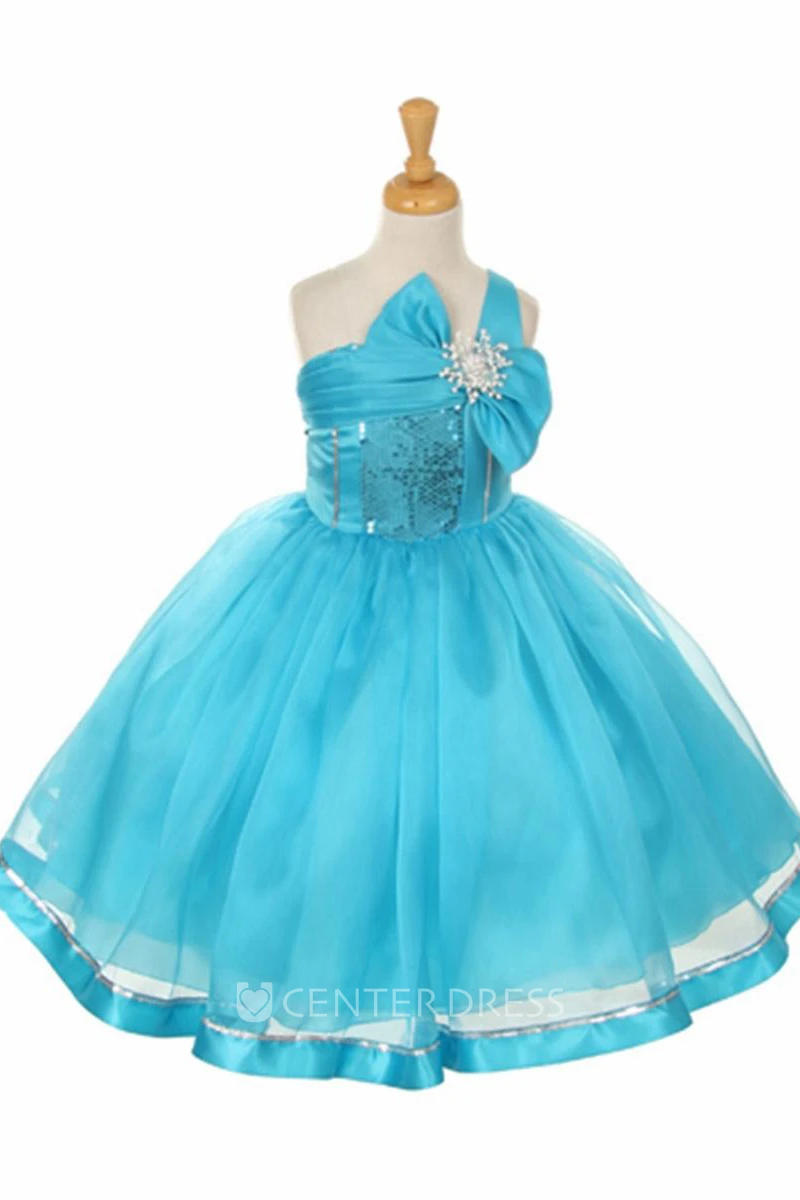 Tea-Length Broach Bowed Tiered Sequins&Organza Flower Girl Dress With Sash
