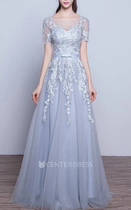 Short Sleeve A-line Long Tulle Dress with Appliques