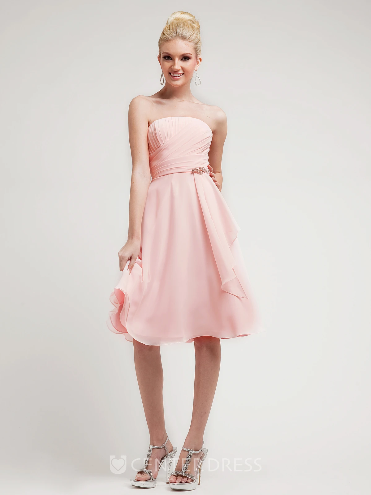 A-Line Knee-Length Strapless Sleeveless Chiffon Dress With Ruching