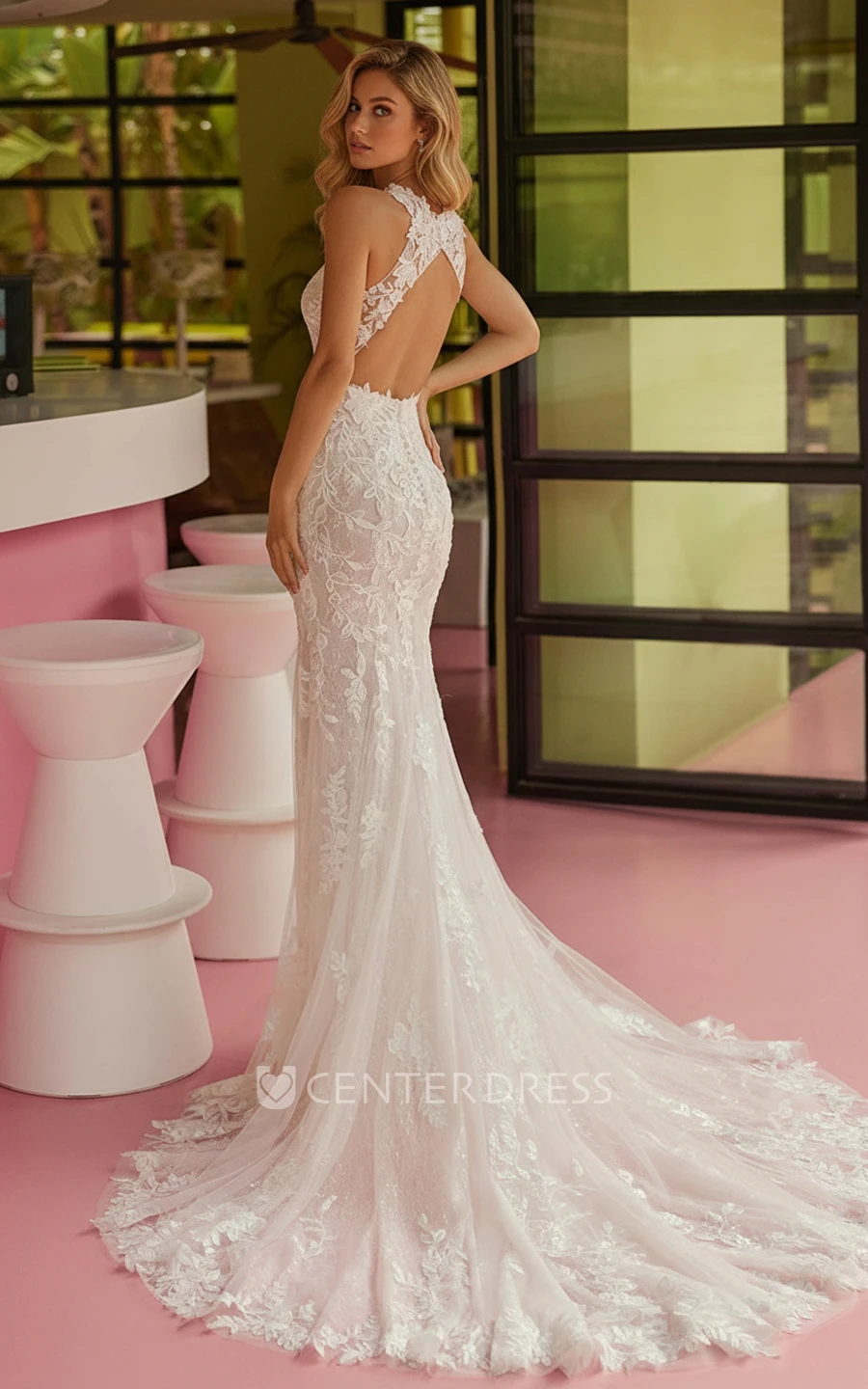 Elegant Lace Wedding Dress Mermaid Sleeveless High Neck Backless Lace Applique Bridal Gown Court Train