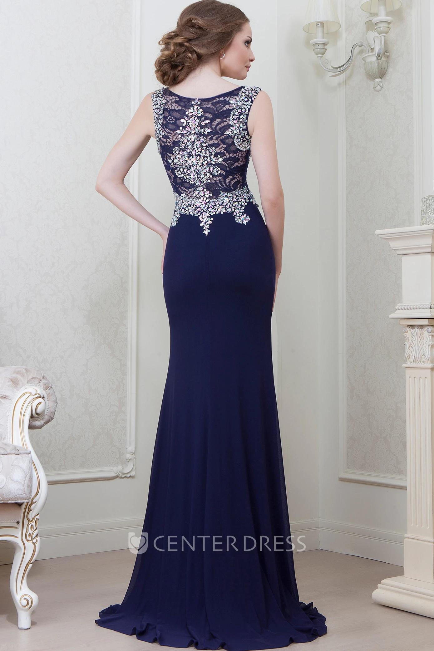 Sheath Sleeveless Scoop-Neck Crystal Floor-Length Jersey Evening Dress With Lace