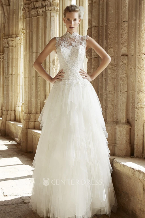 A-Line High Neck Sleeveless Cascading-Ruffle Long Tulle Wedding Dress With Illusion Back And Appliques