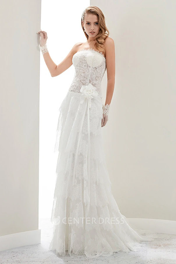 Strapless Flower Draping Wedding Gown with Lace Corset and Side-split Overlayer