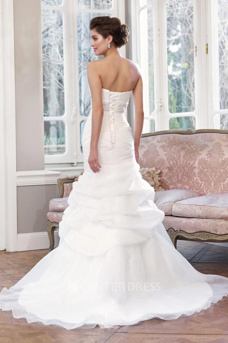 A-Line Strapless Sleeveless Pick-Up Floor-Length Organza&Satin Wedding Dress With Waist Jewellery And Ruching