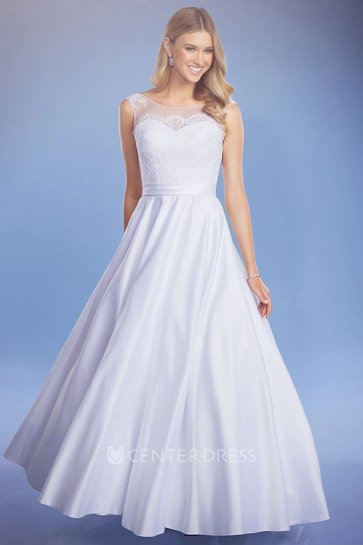 A-Line Sleeveless Bateau Lace Maxi Satin Wedding Dress With Broach And Lace-Up Back