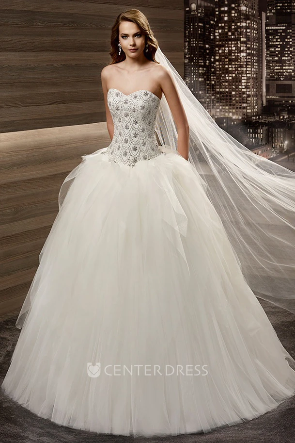 Sweetheart Ruffles A-line Wedding Gown with Floral Beaded Bodice 