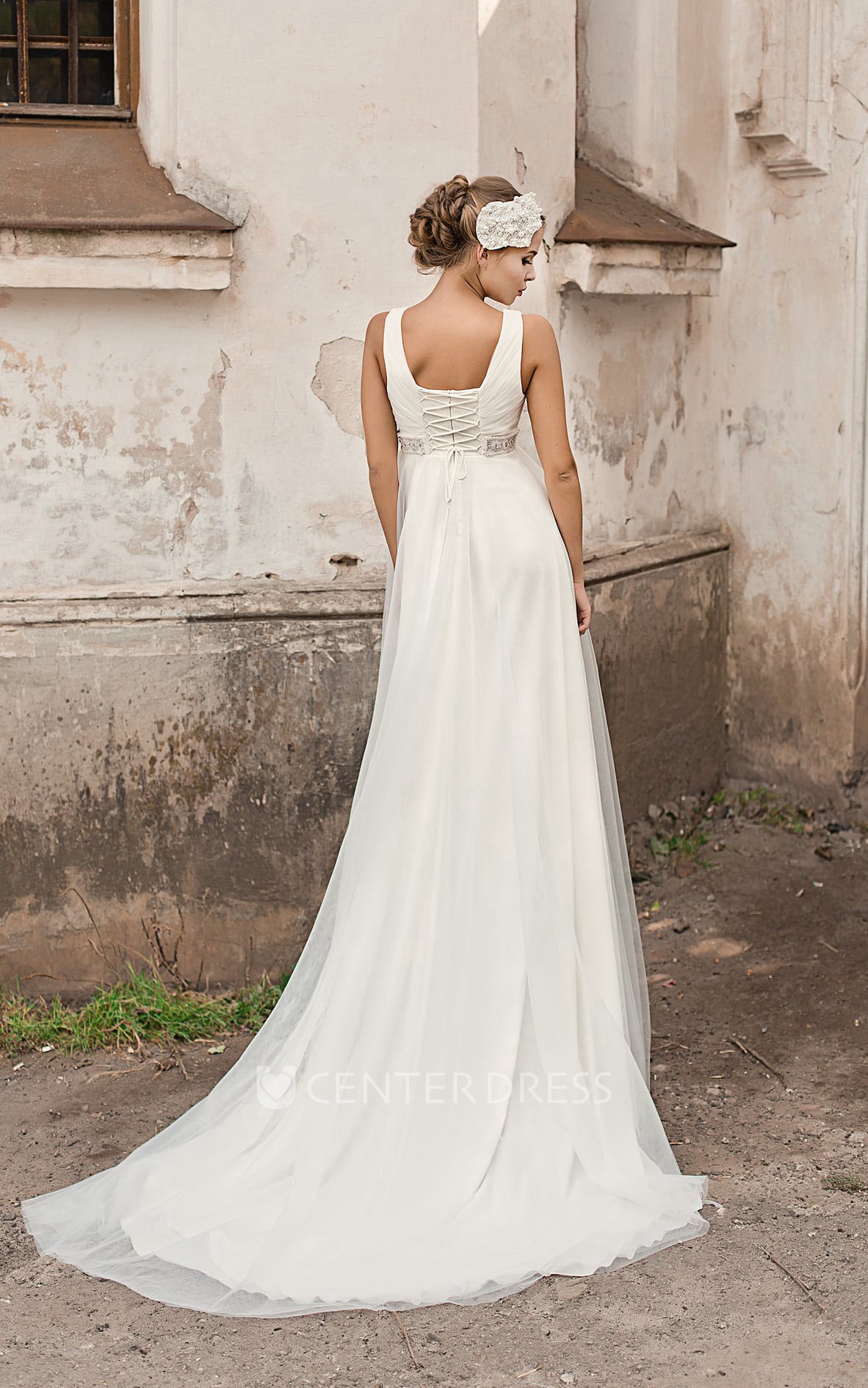 V-neck Empire A-line Chiffon Wedding Dress With Beading And