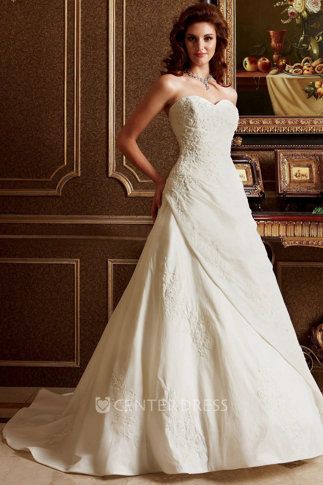 Sweetheart A-Line Wedding Gown With Floral Appliques
