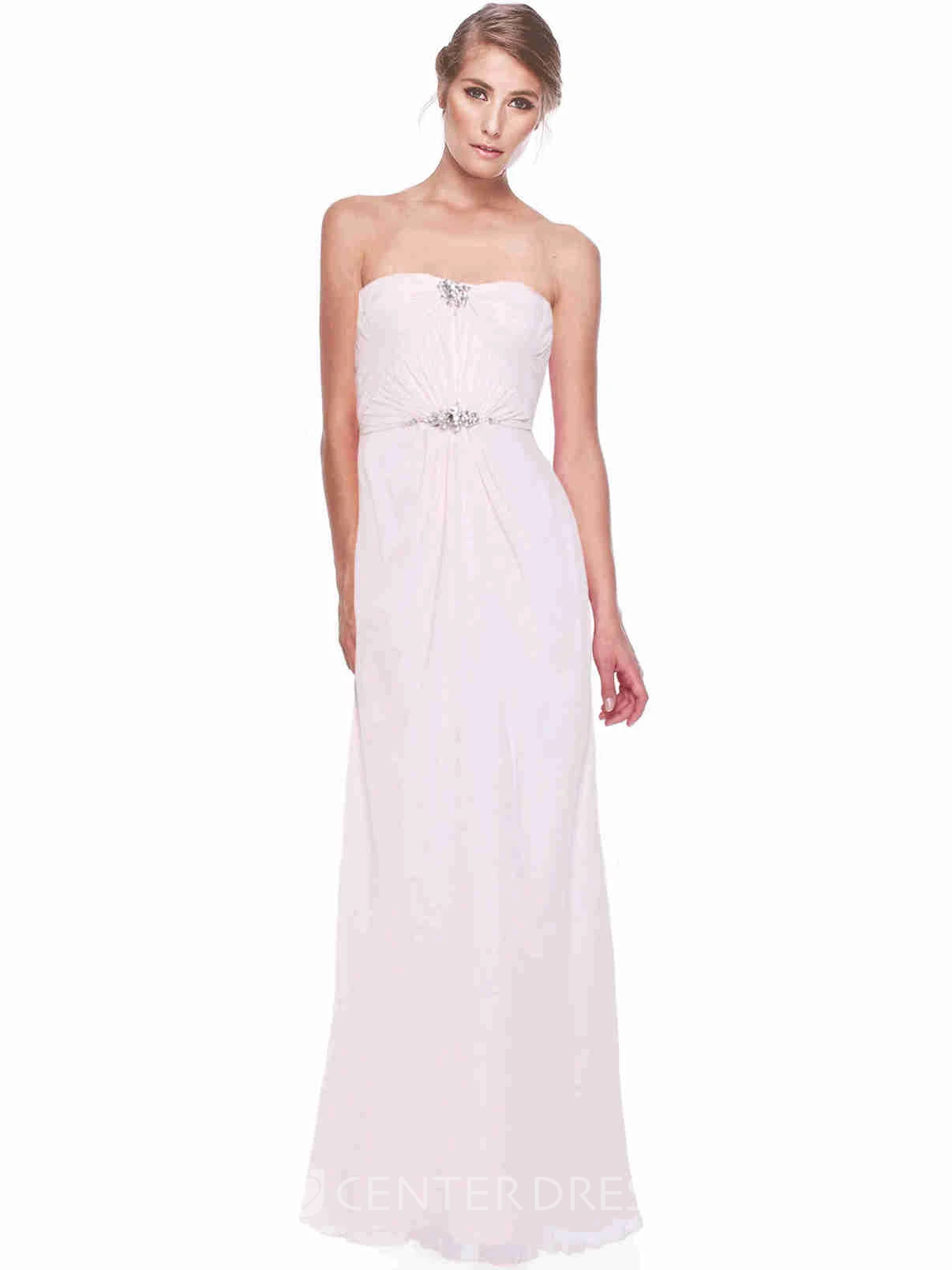 Strapless Ruched Long Chiffon Bridesmaid Dress With Broach