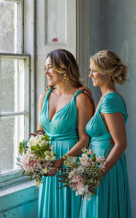 Elegant Convertible V-neck Jersey Bridesmaid Dress With Half Sleeves And Straps Back 