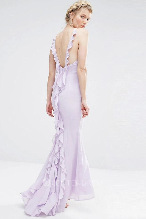Sheath Ankle-Length Cascading-Ruffled Scoop Neck Sleeveless Chiffon Bridesmaid Dress