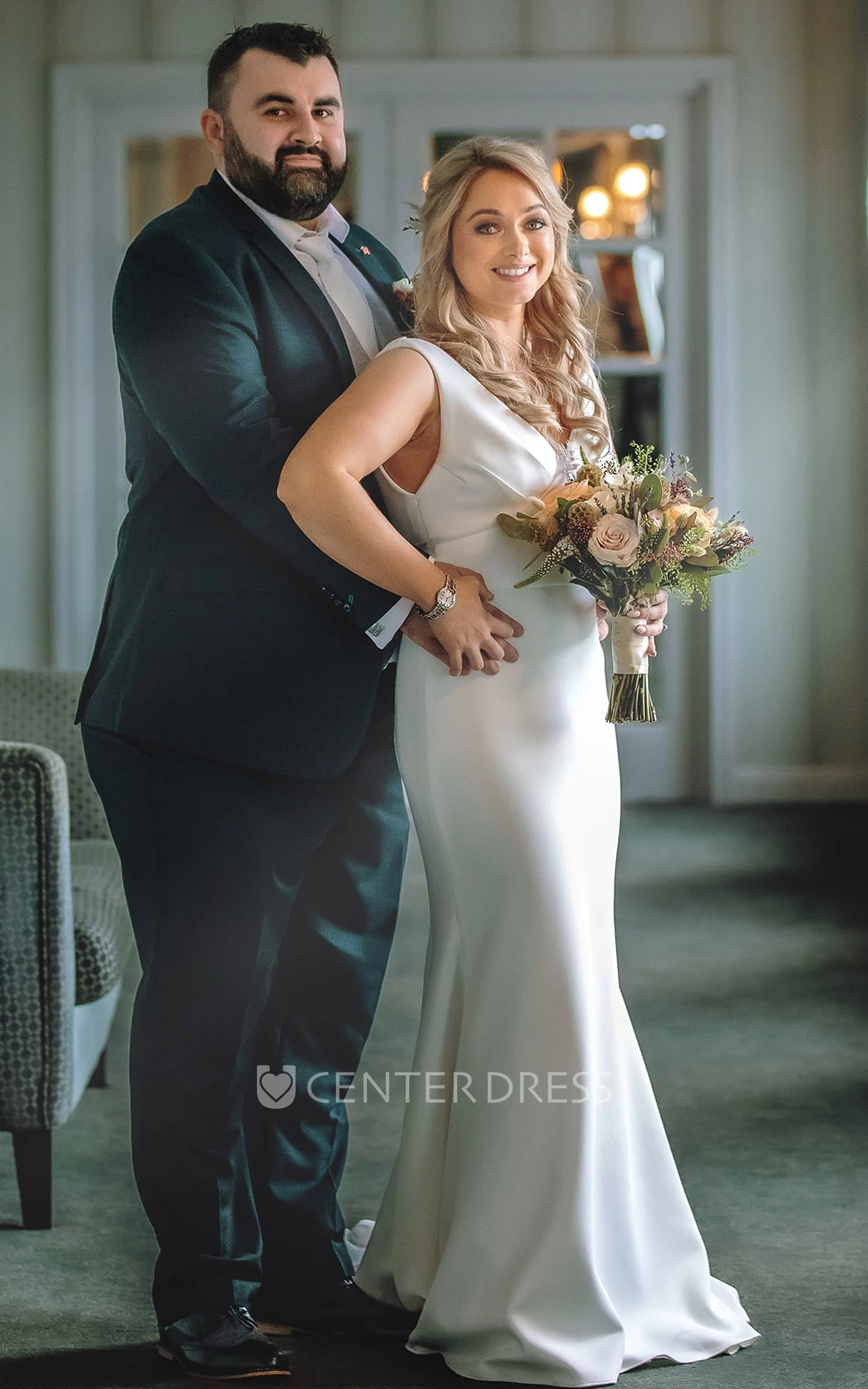 Sheath V-neck Satin Elegant Wedding Dress With Open Back And Ruching