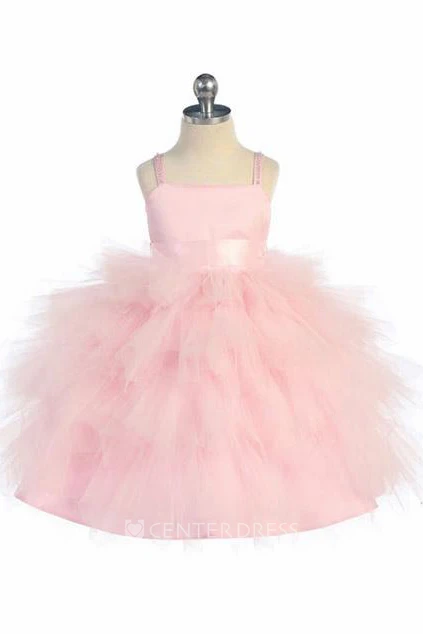 Spaghetti Tea-Length Beaded Tulle&Satin Flower Girl Dress
