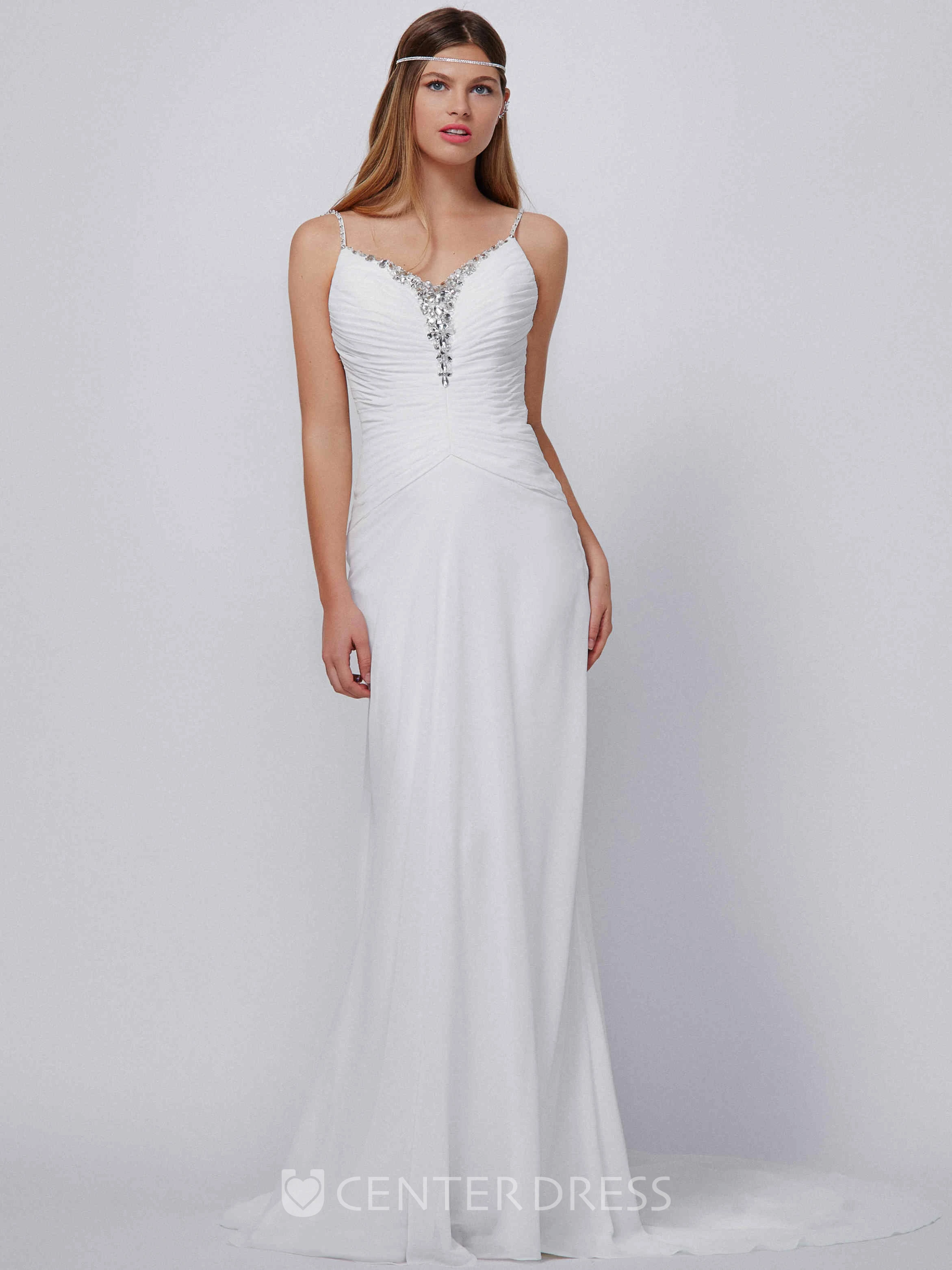 Sheath Maxi Spaghetti Ruched Sleeveless Chiffon Wedding Dress With Beading