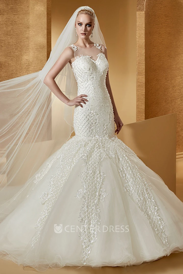 Sassy Cap sleeve Mermaid Wedding Dress with Special Appliques and Illusive Neckline 