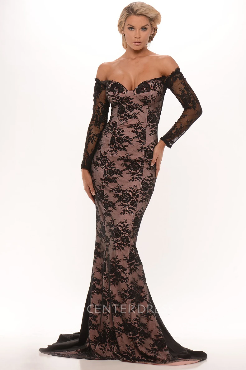 One-Shoulder Maxi Long-Sleeve Lace Prom Dress With Sweep Train