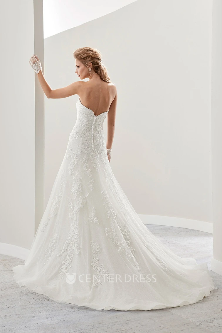 Strapless A-Line Lace Bridal Gown With Embroidered Lace And Half Back
