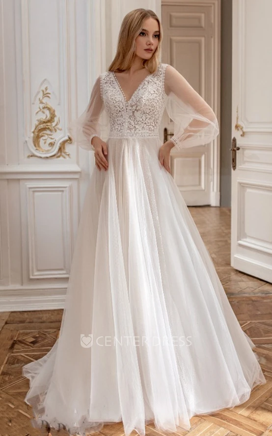 Romantic A-Line Tulle V-neck Wedding Dress with Sweep Train