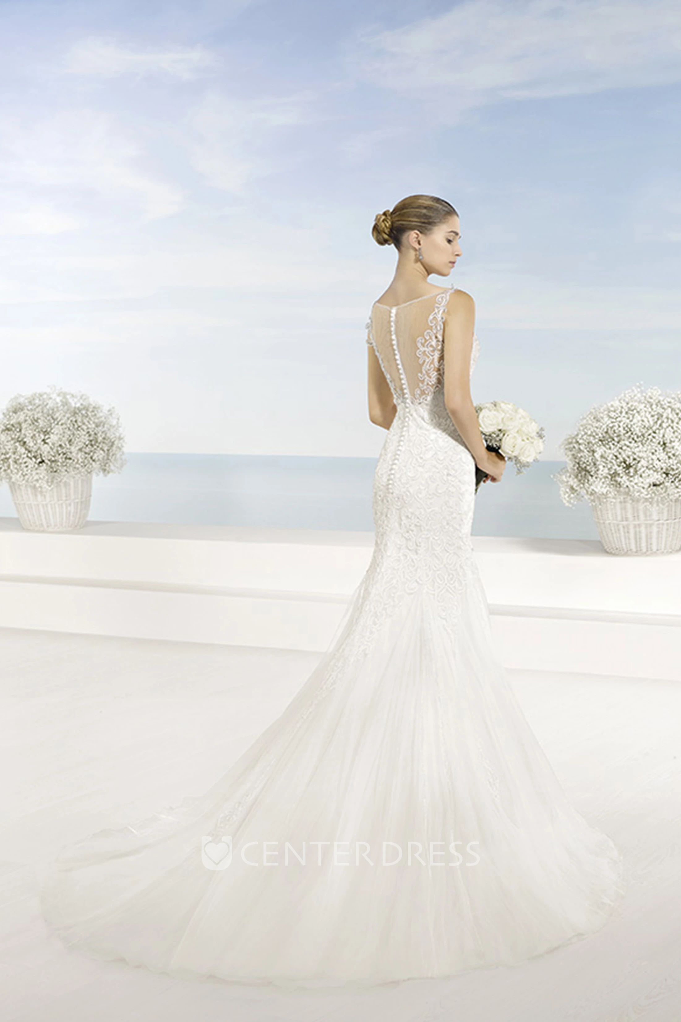 Mermaid Maxi Appliqued Sleeveless Spaghetti Lace Wedding Dress With Chapel Train And Illusion Back