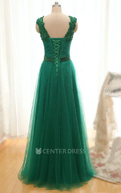 A-line Floor-length Straps V-neck Sleeveless Tulle Dress