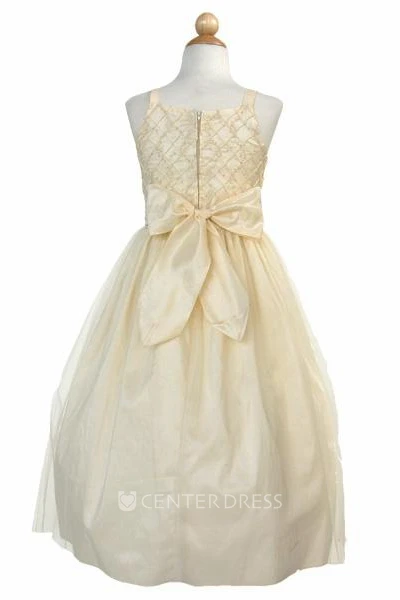 Tea-Length Sleeveless Embroideried Tulle&Taffeta Flower Girl Dress