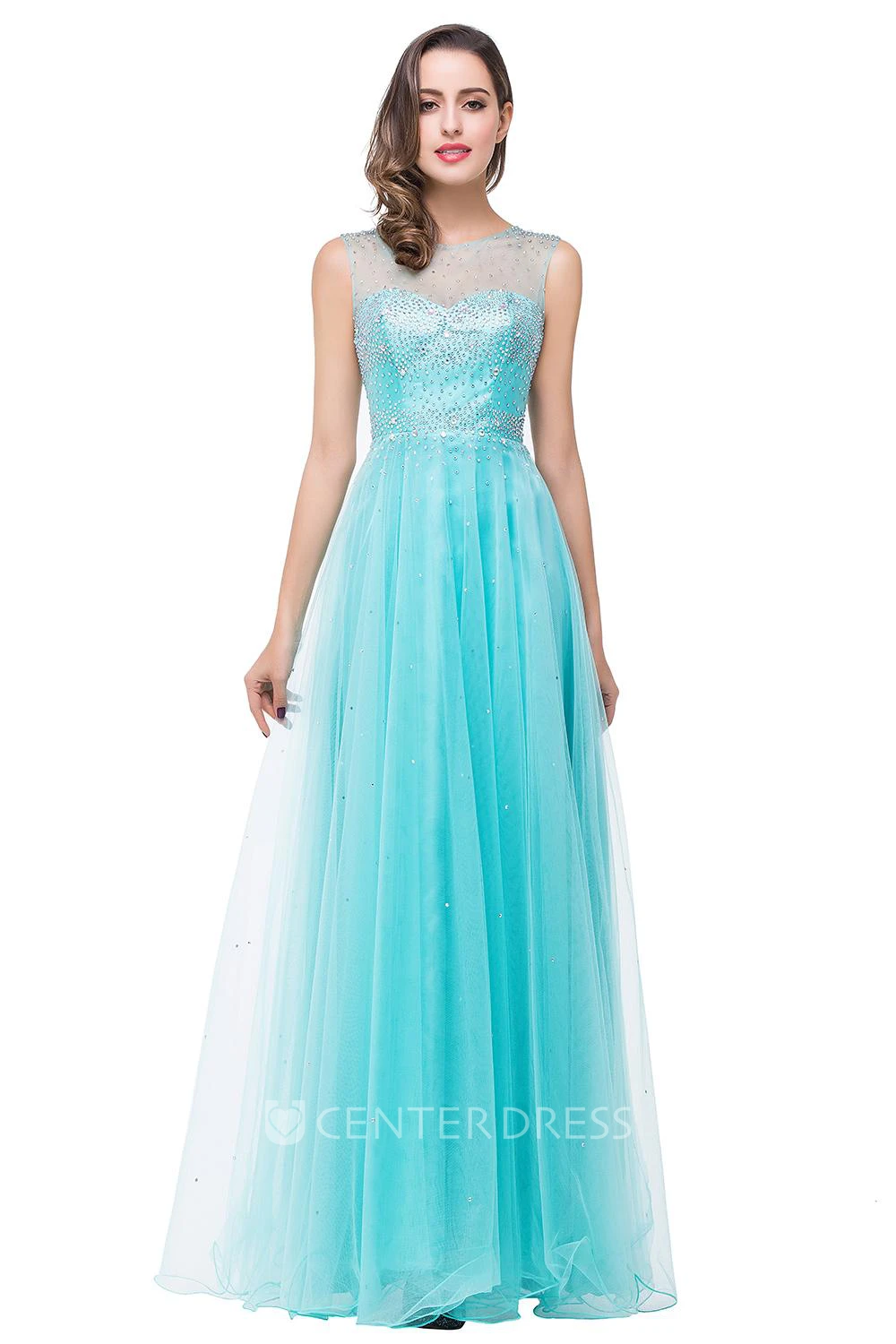 Delicate Beadings Illusion A-line Prom Dress Zipper Floor-length Sleeveless