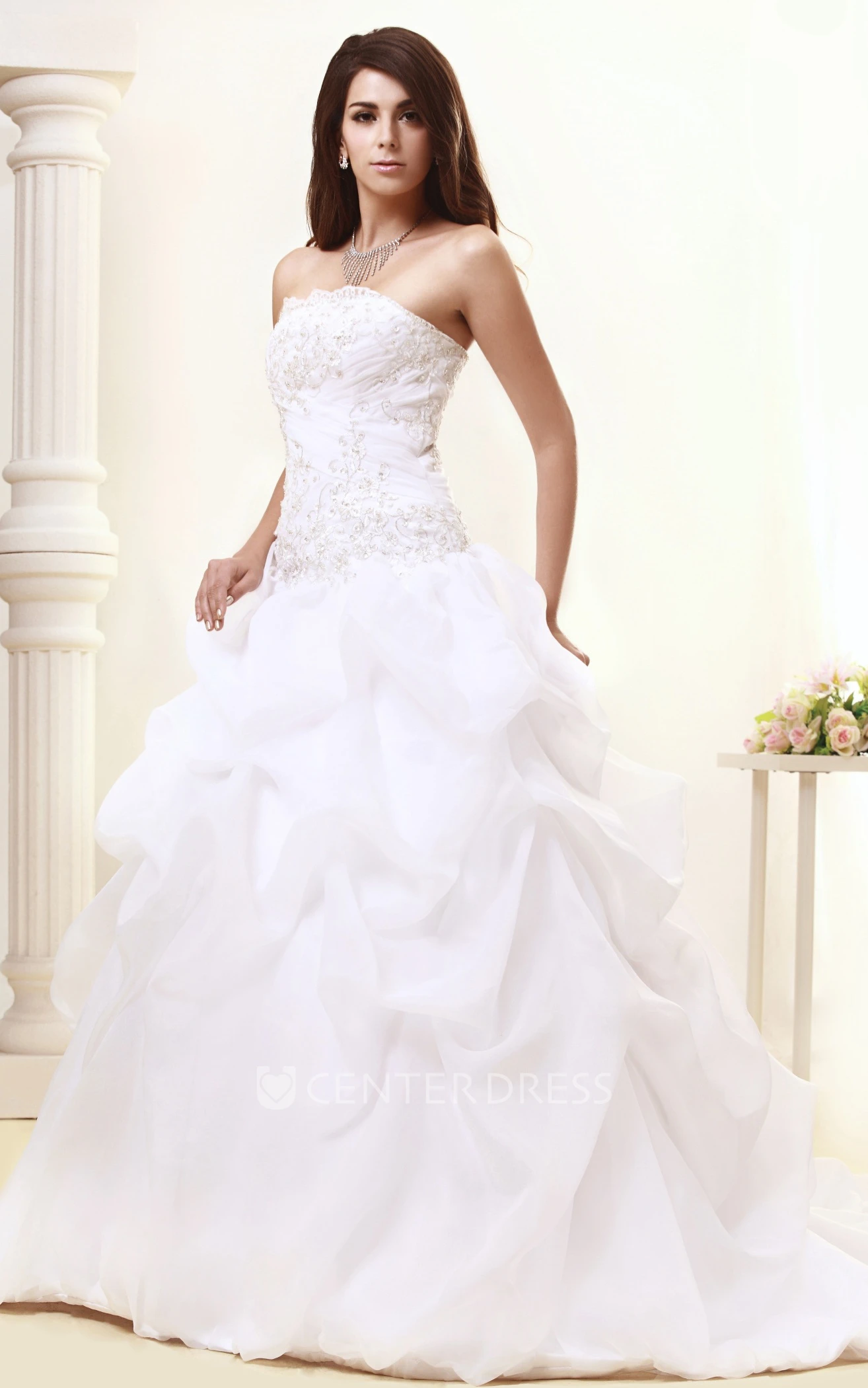 Strapless A-Line Organza Wedding Gown With Ruffles and Beading
