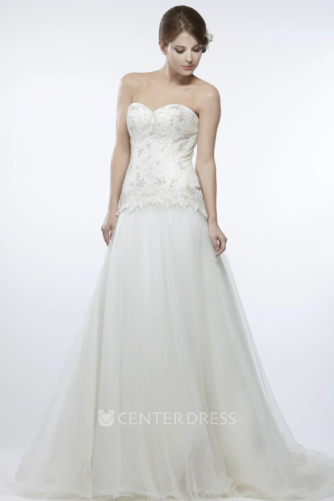 A-Line Sweetheart Beaded Sleeveless Tulle Wedding Dress With Brush Train