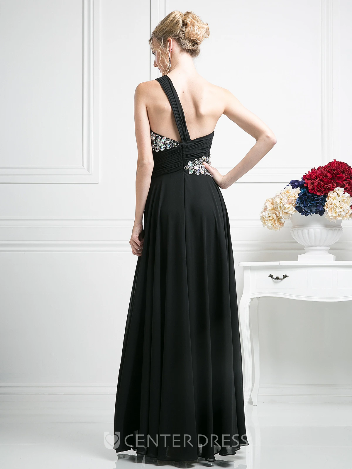 A-Line One-Shoulder Sleeveless Chiffon Dress With Beading And Draping