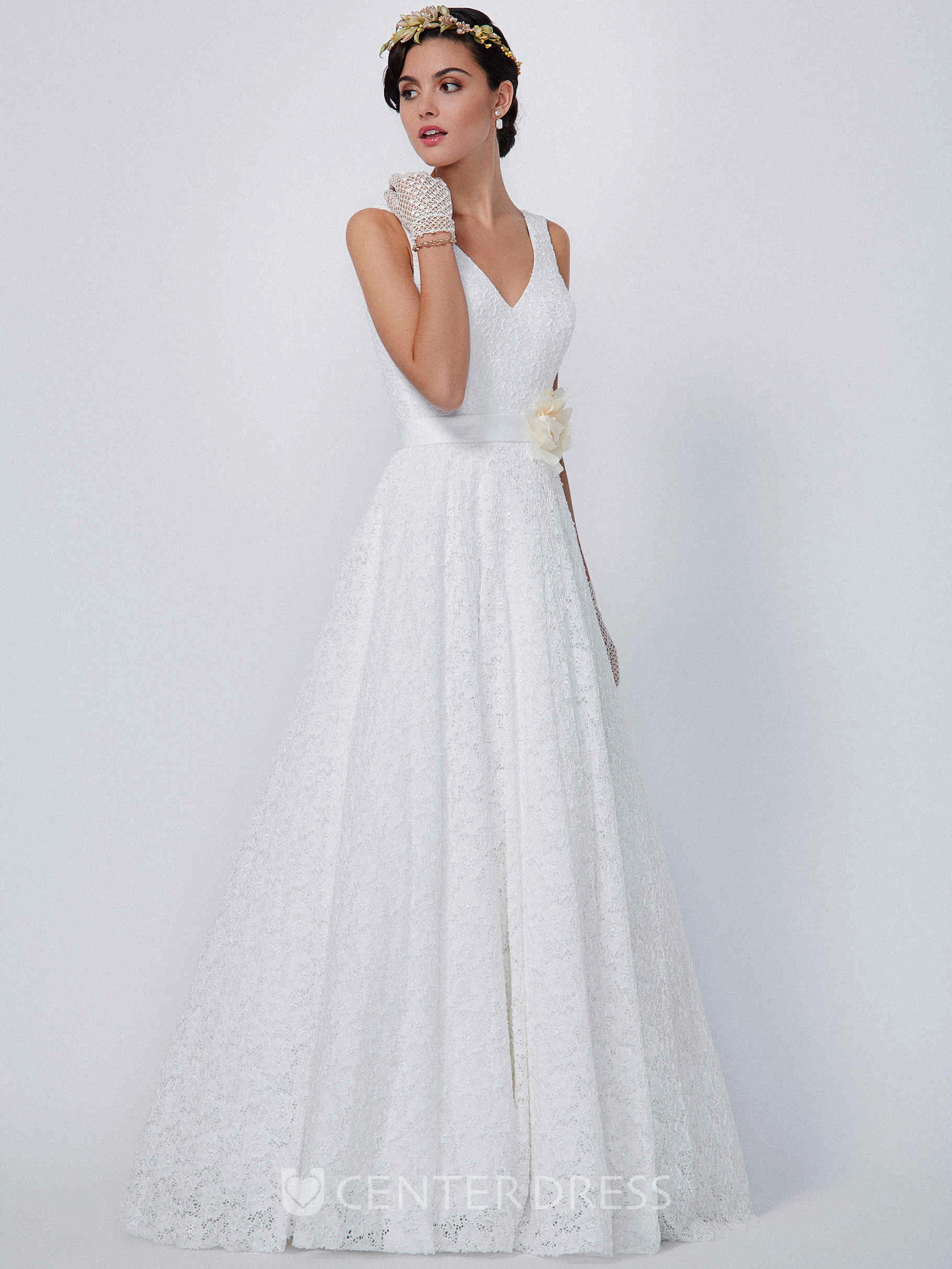 A-Line Floor-Length Floral Sleeveless V-Neck Lace Wedding Dress
