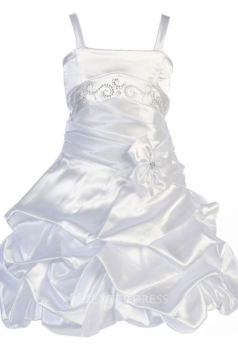 Floral Midi Pleated Beaded Satin Flower Girl Dress With Tiers