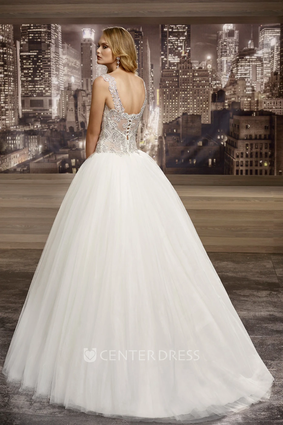 V-neck A-line Wedding Gown with Beaded Corset and Half Open Back