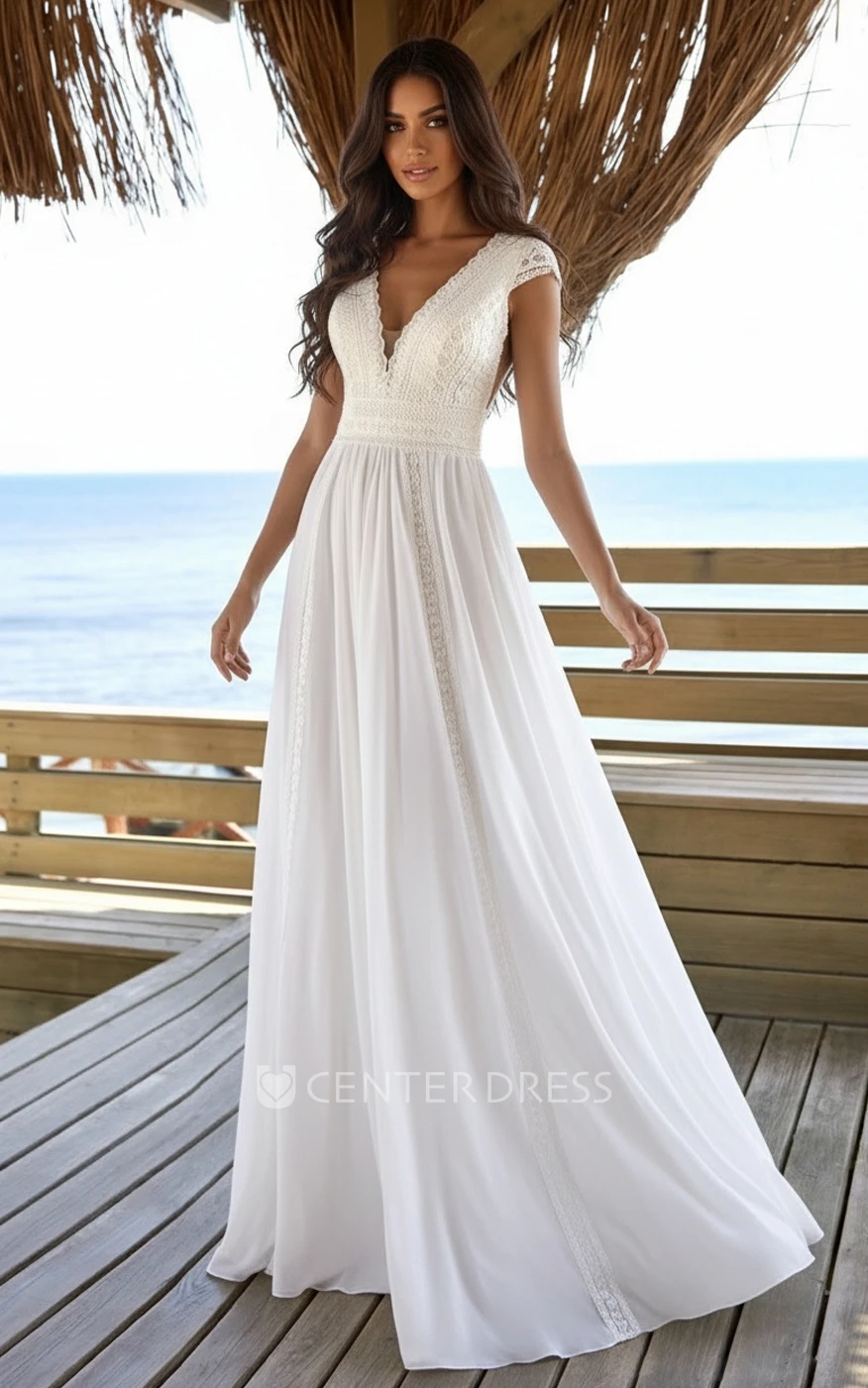 Boho A-Line Beach Wedding Dress Casual Cap Sleeves Lace Plunging V Neck Bridal Gown